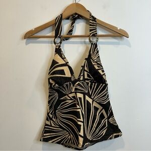 Y2K Liquid Blue Palm Print Metallic Tankini Swim Halter Top Gold Black